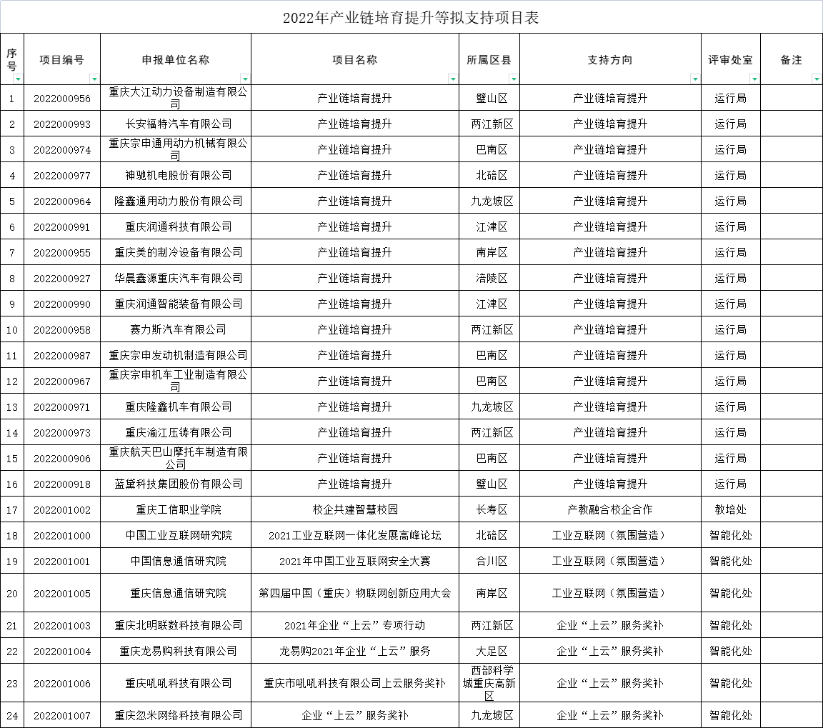 2022年產(chǎn)業(yè)鏈培育提升等擬支持項目表